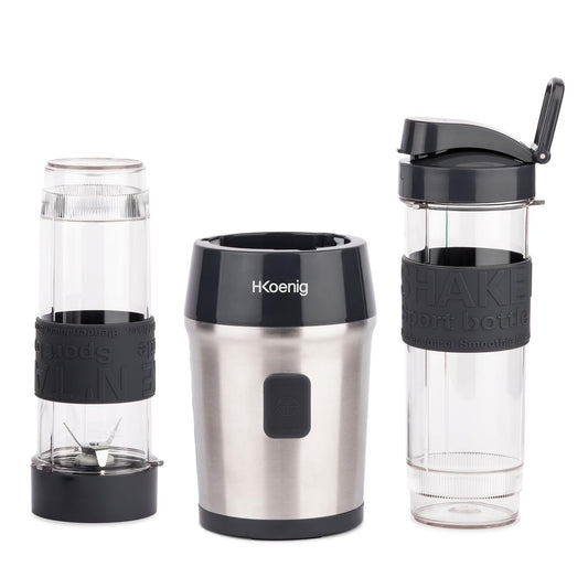 H.Koenig Mini Smoothie Maker SMOO9 300W, 2 Flaschen Silber Schwarz
