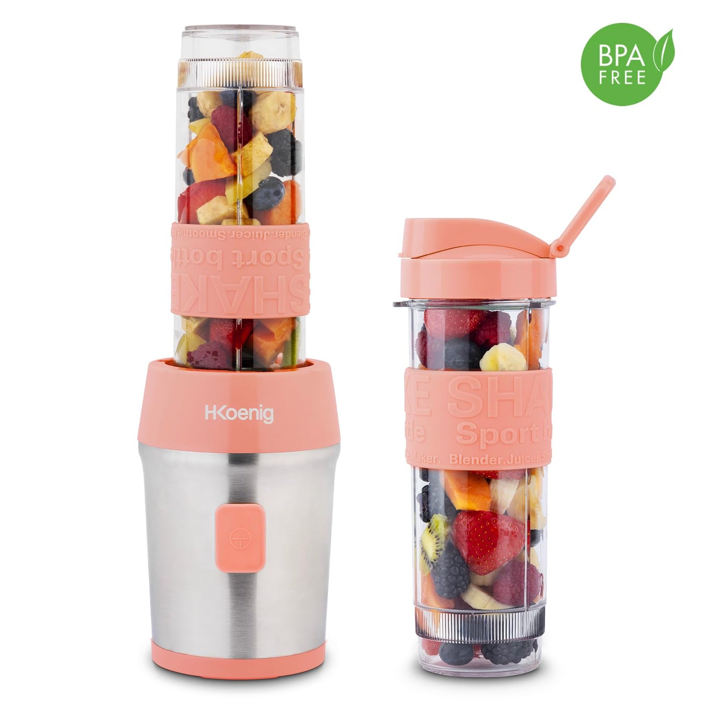 H.Koenig Mini Smoothie Maker 300W Rosa, 2 Flaschen 570ml