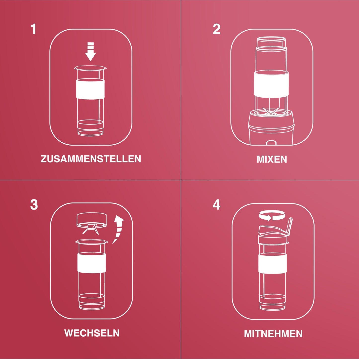 H.Koenig Mini Smoothie Maker 300W Rosa, 2 Flaschen 570ml