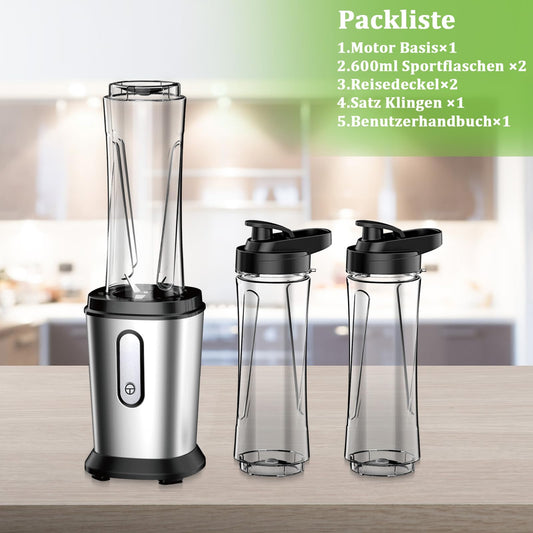 Mixer 500W Mini Standmixer, Smoothie Maker mit 2x600ml Flaschen Silber